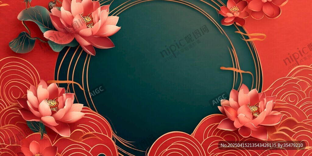 中式荷花紅底背景圖