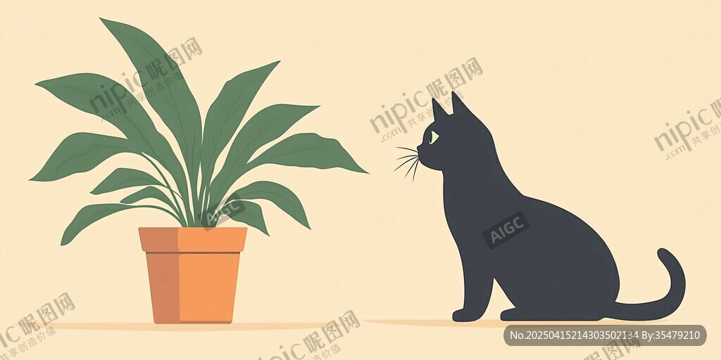 黑貓凝視綠植的溫馨瞬間