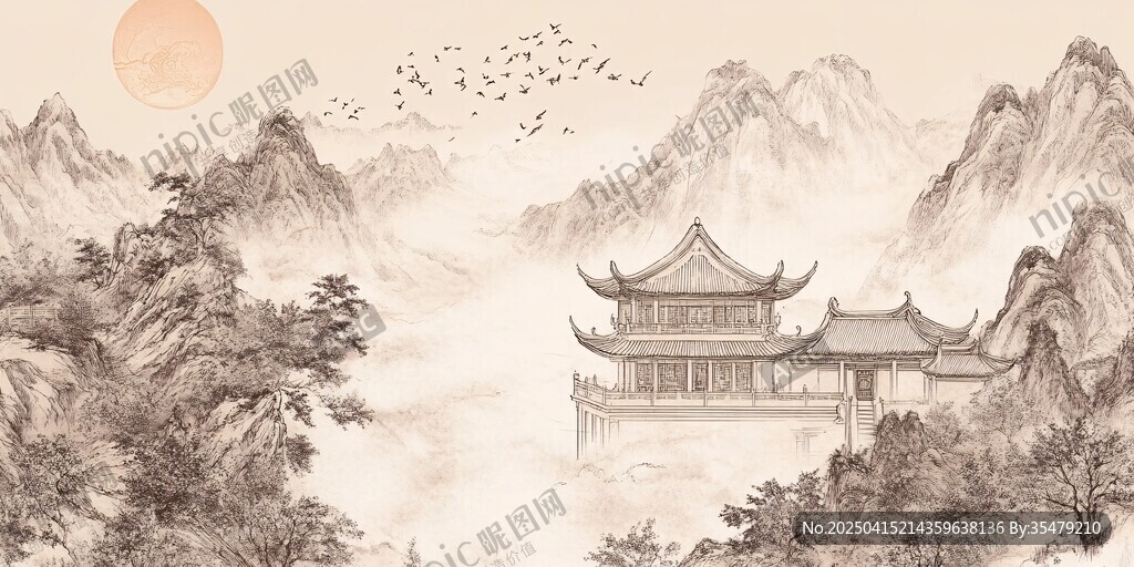古風山水間的亭臺樓閣