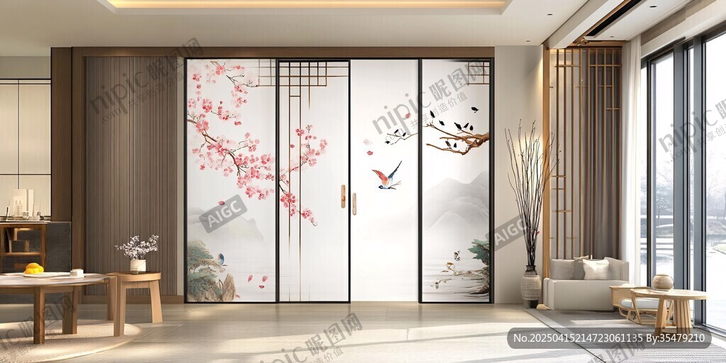 中式花鳥玻璃隔斷客廳美景