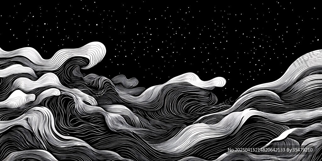 黑白海浪與星空藝術(shù)圖景