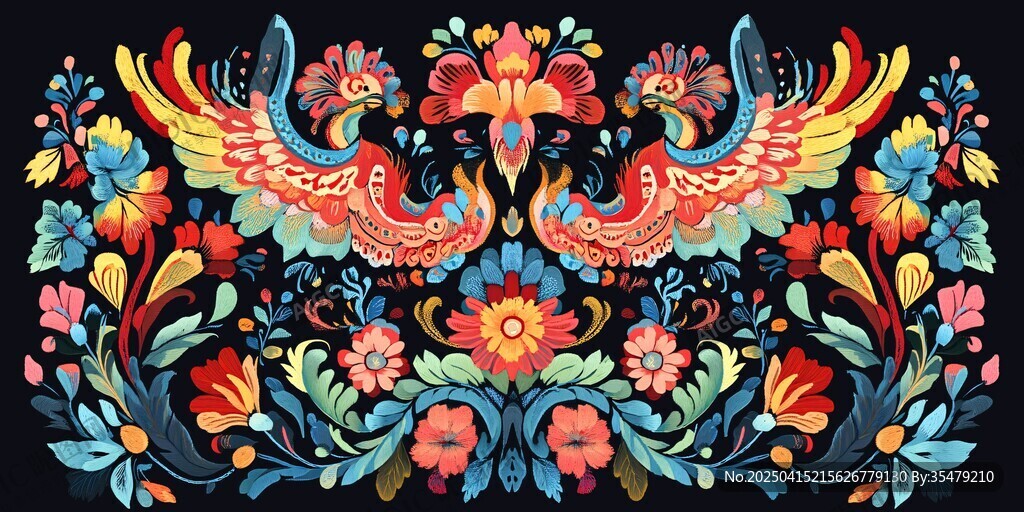 俄羅斯傳統(tǒng)花鳥(niǎo)刺繡圖案