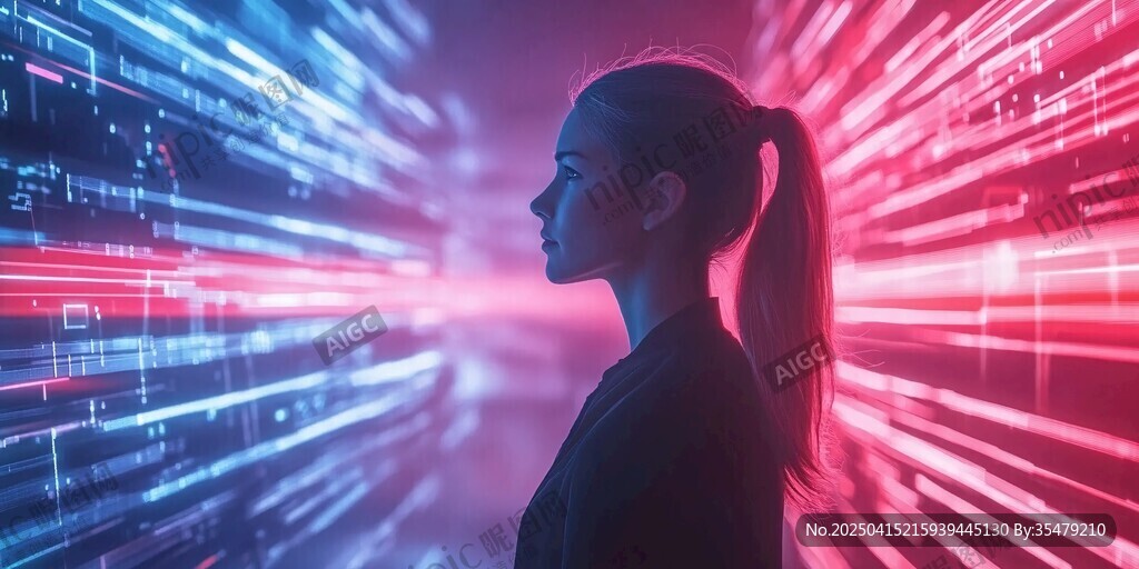 科技女性身處?kù)挪蕯?shù)字空間