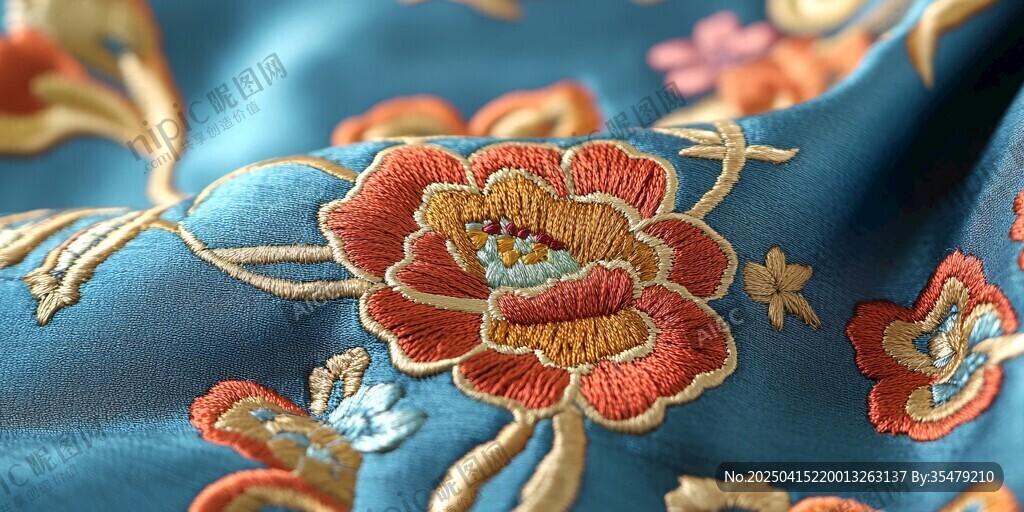 藍(lán)色錦緞上的精美花卉刺繡