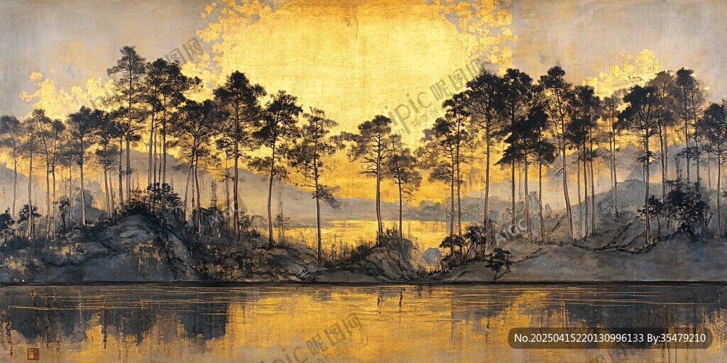 金色湖畔松林美景