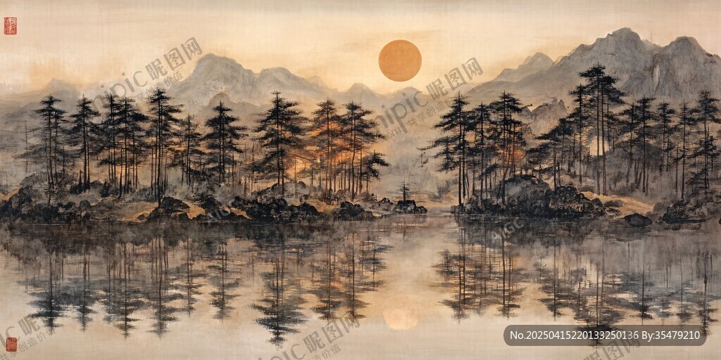 落日山林映湖景