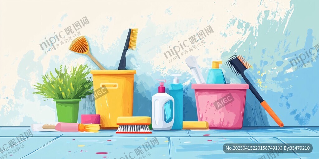 多彩清潔工具與綠植場(chǎng)景