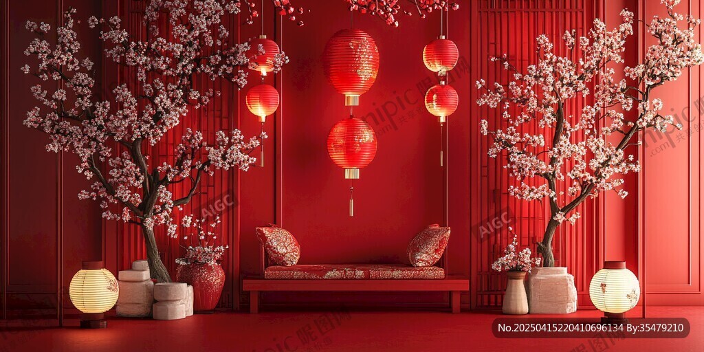 中式紅韻新春室內(nèi)裝飾景