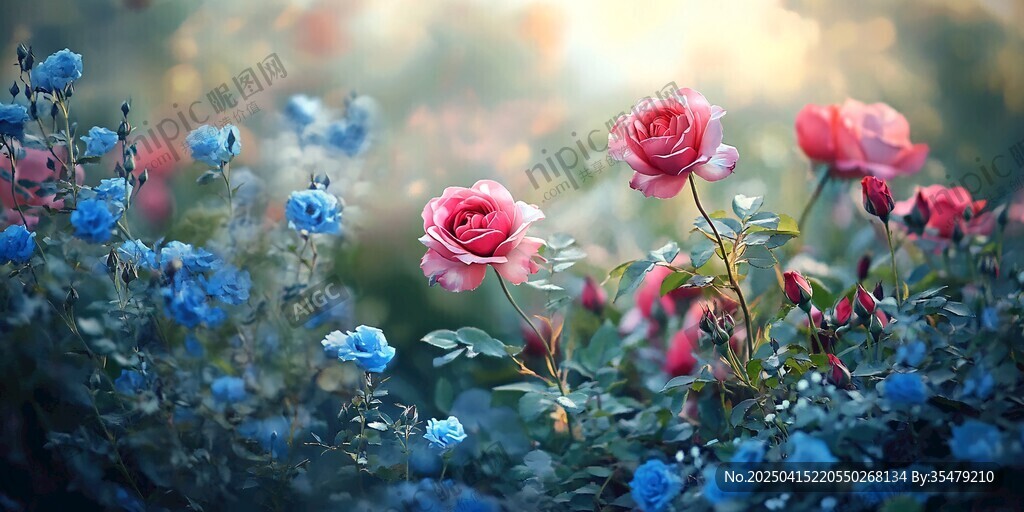 夢幻玫瑰與藍(lán)花的浪漫景致