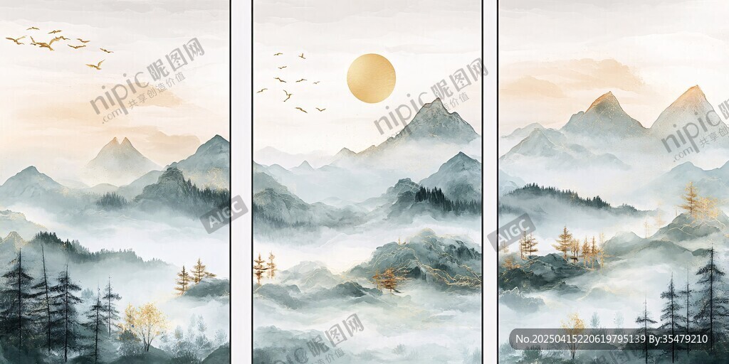 三聯(lián)水墨山水詩意風(fēng)光圖