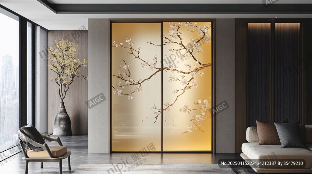 中式金箔花鳥移門客廳設(shè)計