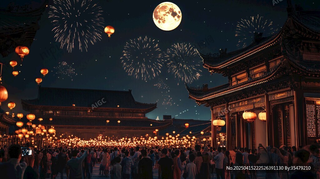 月夜古景下的煙火歡慶場景