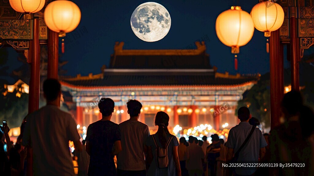 月下古建前的游人賞景