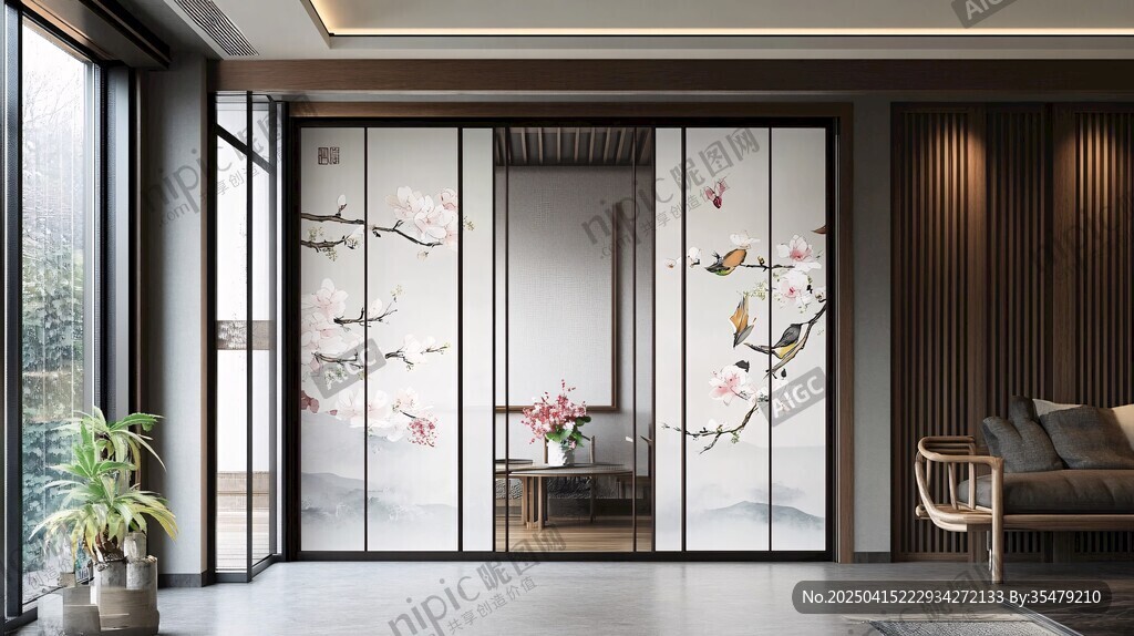 中式花鳥屏風(fēng)隔斷客廳景致