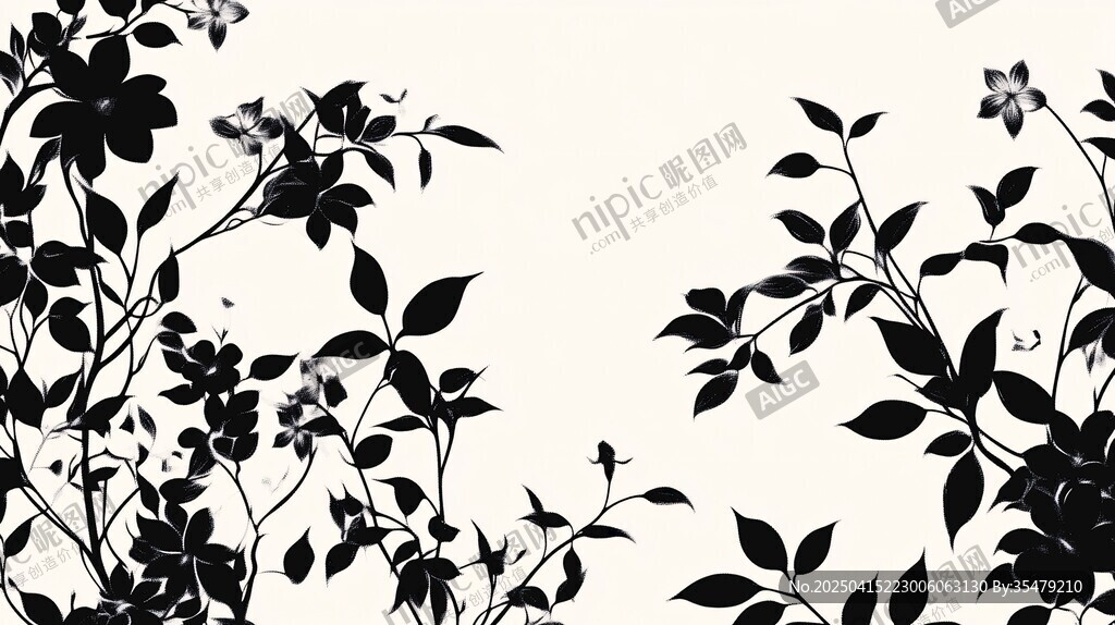 黑白花卉枝葉剪影圖案
