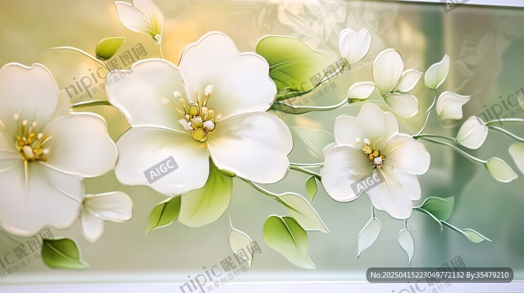 立體白花朵與綠葉裝飾畫(huà)
