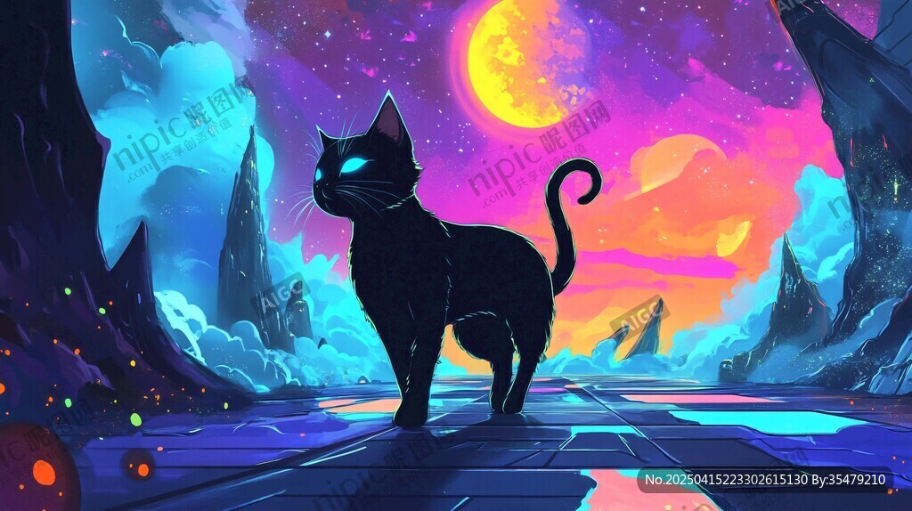 黑貓漫步奇幻星空之境