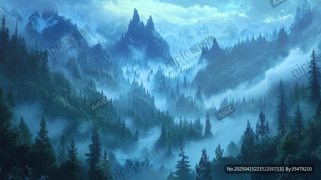 夢(mèng)幻山林間的迷霧山巒