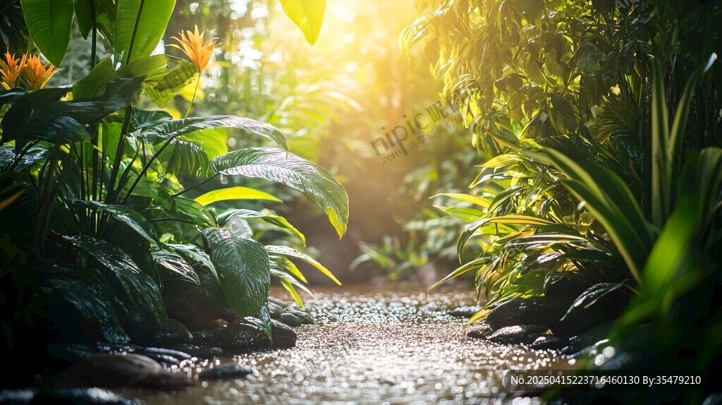 陽(yáng)光灑落的靜謐植物小徑