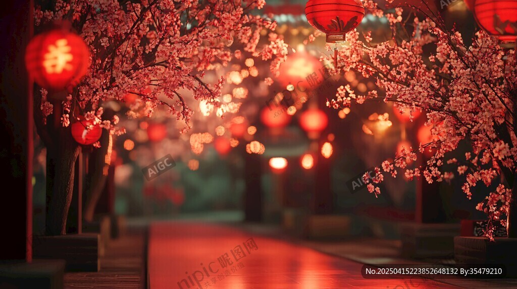 櫻花道上的中式燈籠夜景
