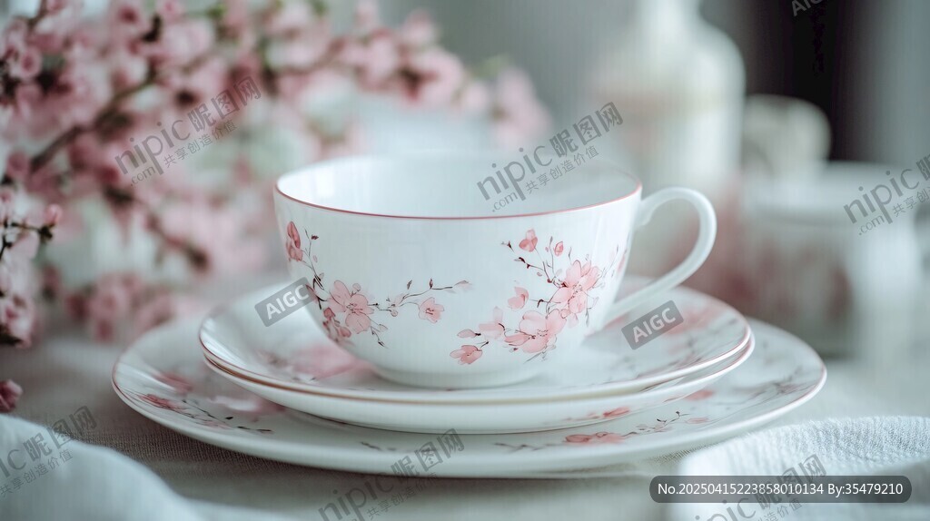 櫻花圖案精致茶杯與茶托