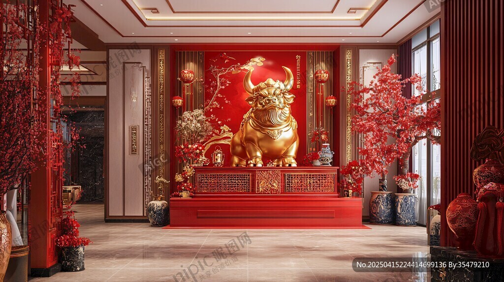 中式大廳里的金牛新春裝飾