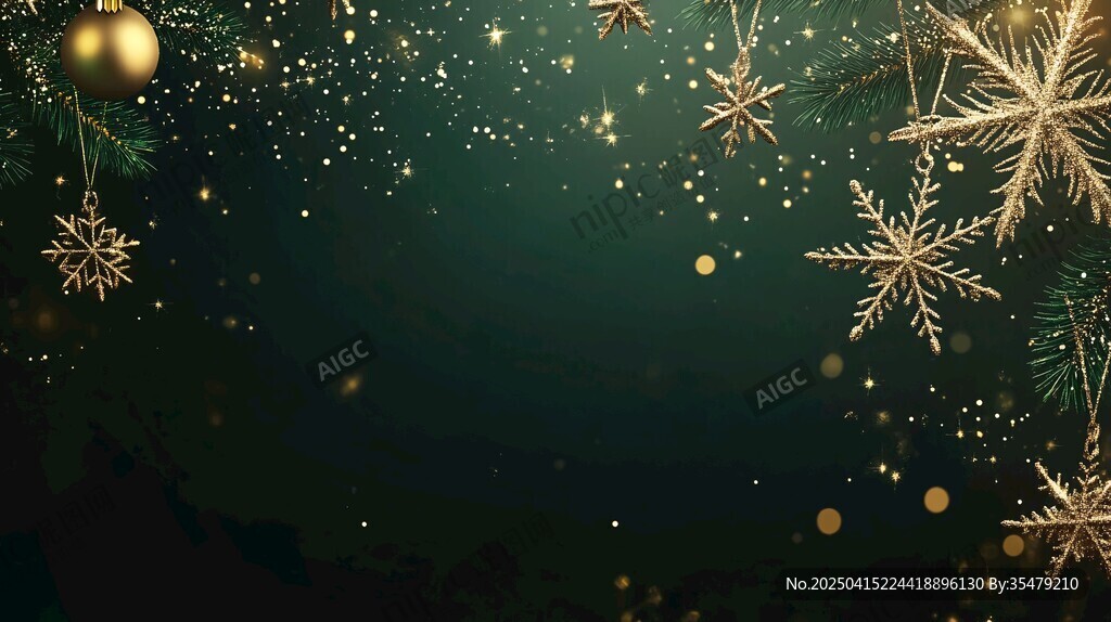 圣誕金雪花綠松背景圖