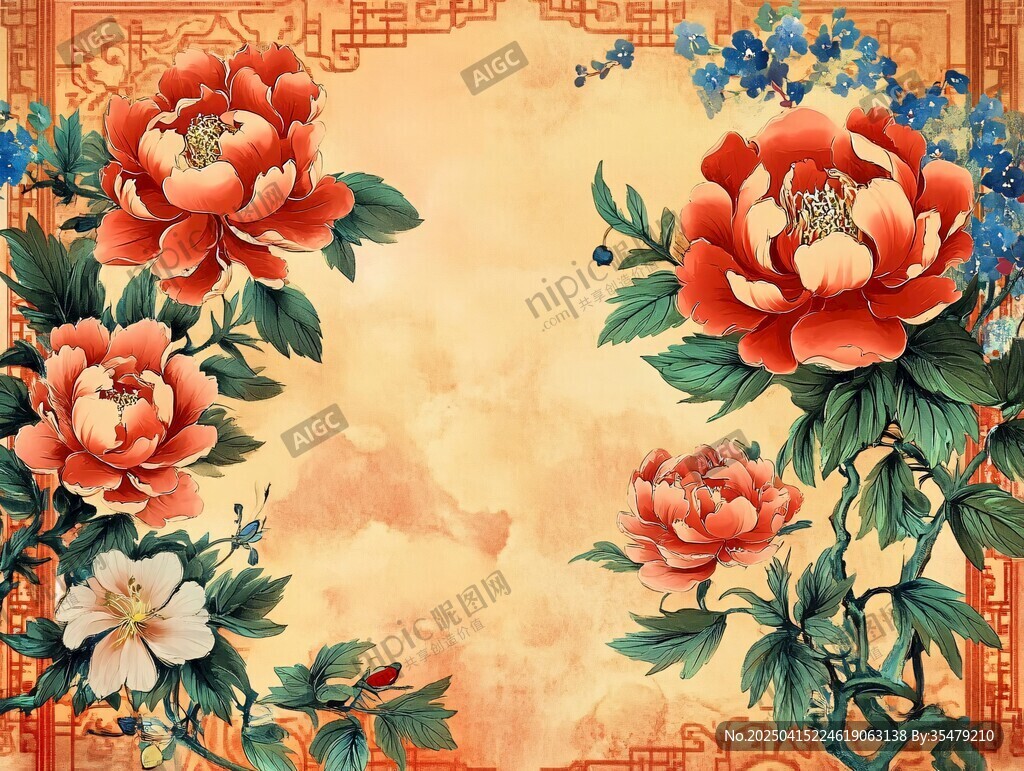 中式牡丹花卉復(fù)古背景圖