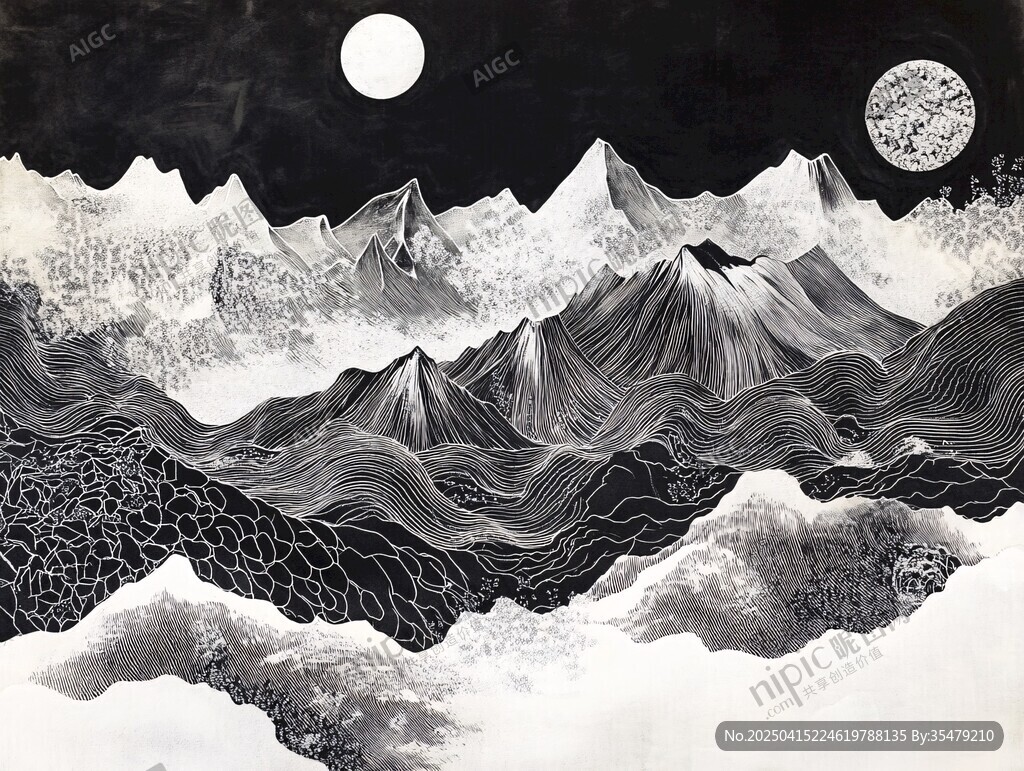 黑白山水月夜奇幻圖景