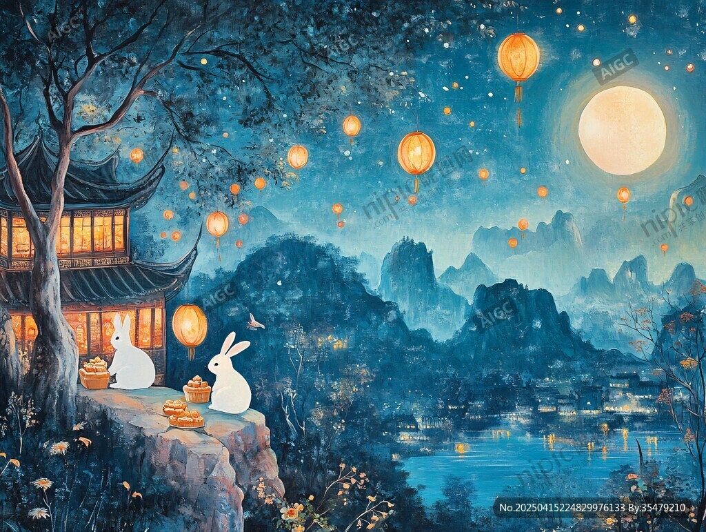 月夜玉兔賞景古風圖
