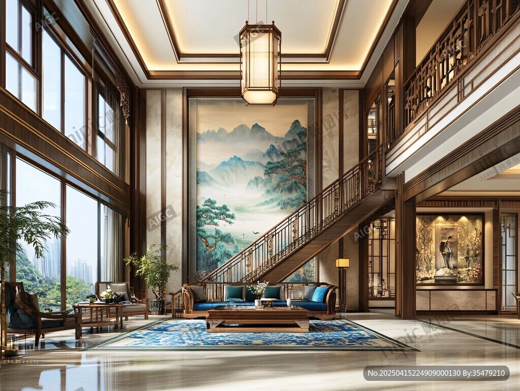 中式奢華客廳與山水壁畫(huà)