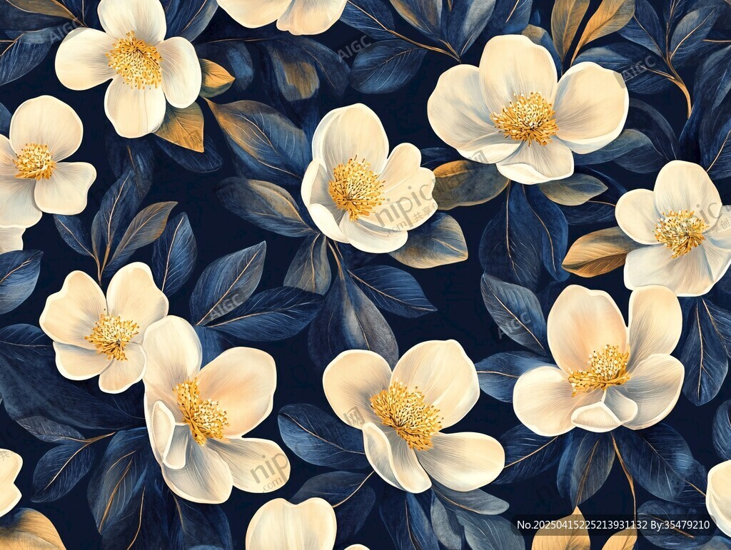 復古花卉圖案 深藍背景花朵