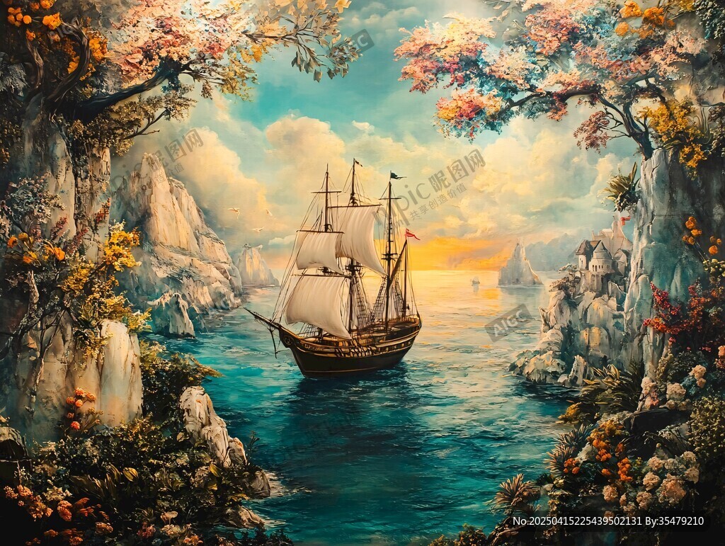 海上帆船穿行于繁花峭壁間