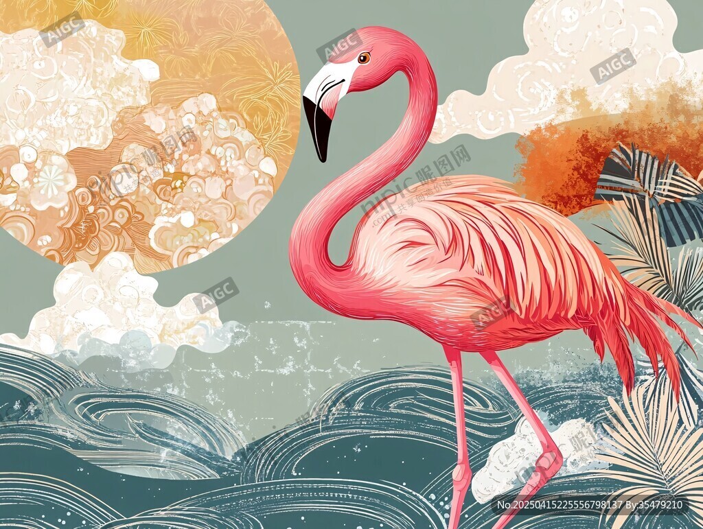 火烈鳥于夢幻海濱景致中