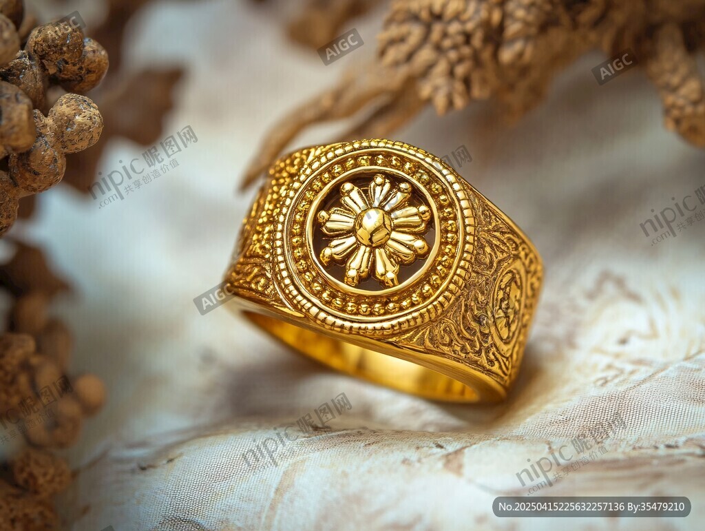 復(fù)古雕花金戒指特寫(xiě)