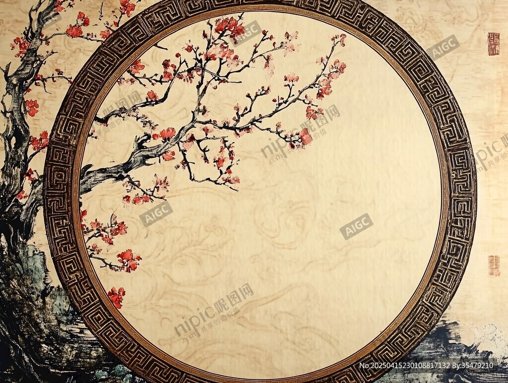 中式圓形梅花古典裝飾畫