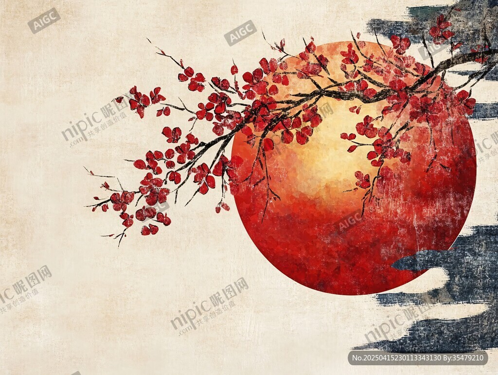 紅月紅梅中式詩意畫面