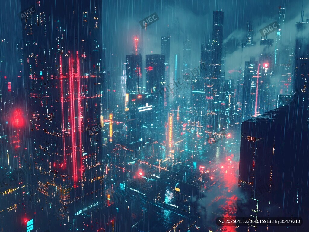 雨夜霓虹下的賽博朋克都市