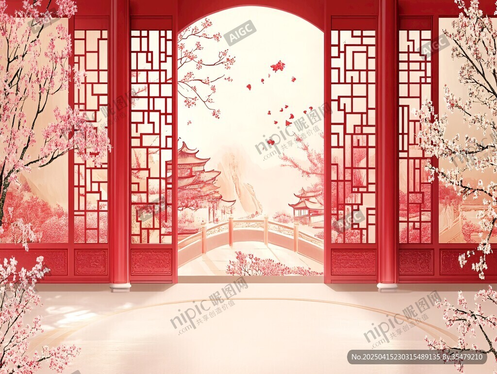 中式古典紅窗景櫻花爛漫