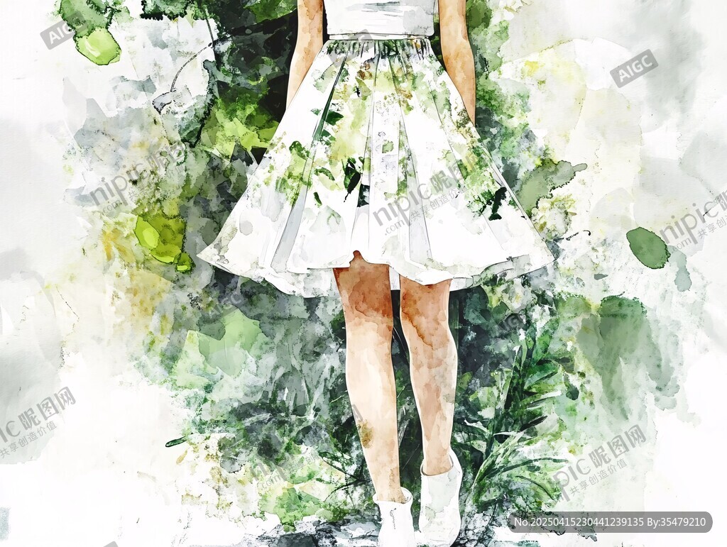 水彩風(fēng)格的少女與綠植裙擺