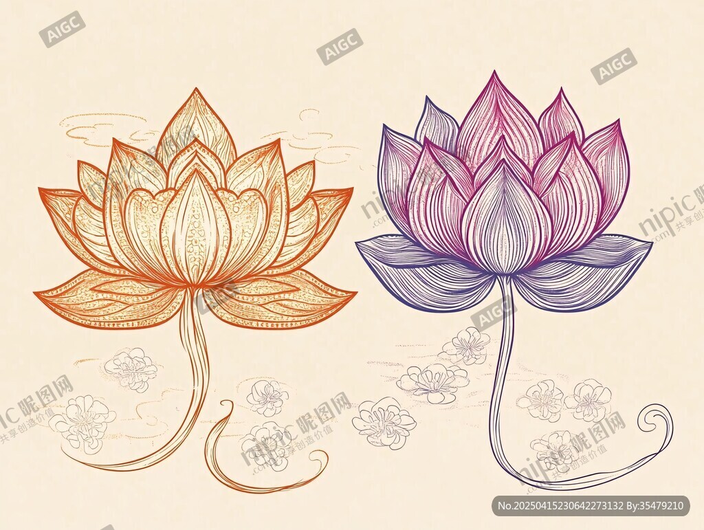 雙生蓮花手繪插畫圖案