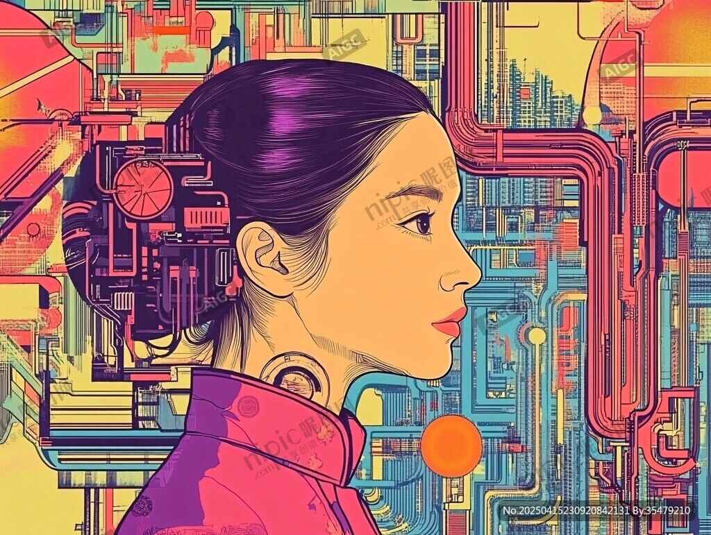 科技風女性側影插畫