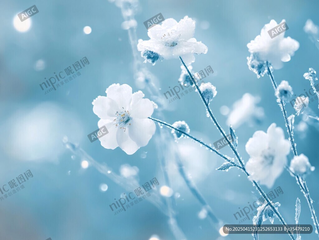 藍(lán)調(diào)冰雪覆蓋的素雅小花