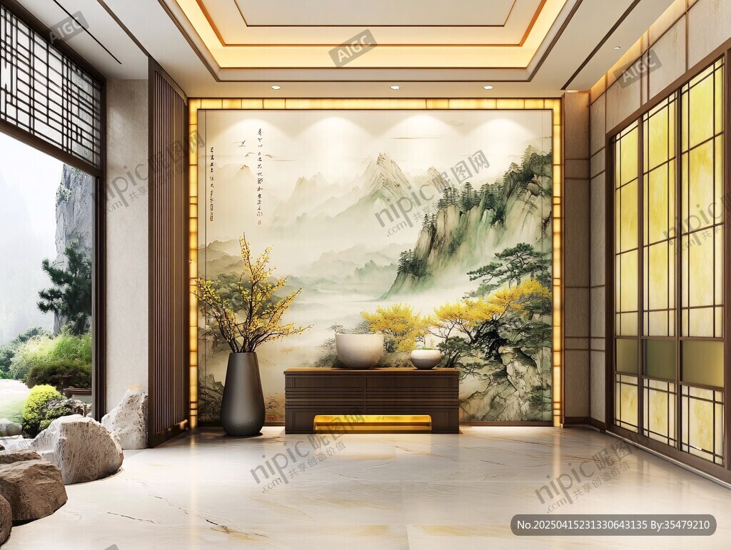 中式雅致玄關(guān)山水壁畫景