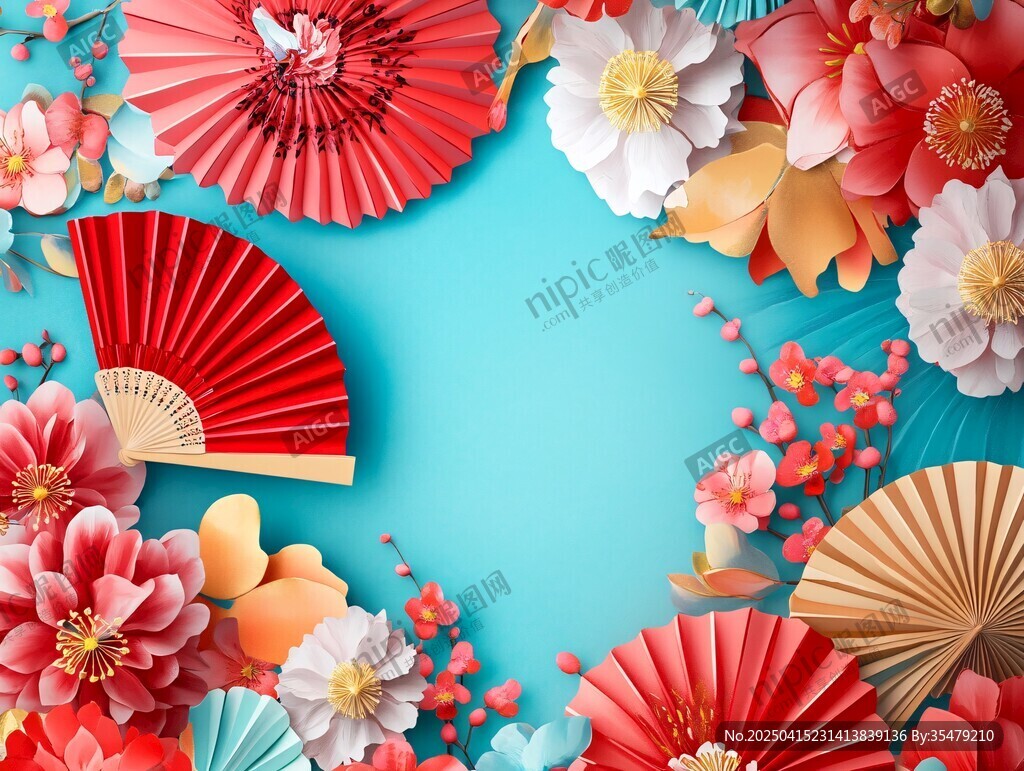 中式折扇花卉裝飾背景圖
