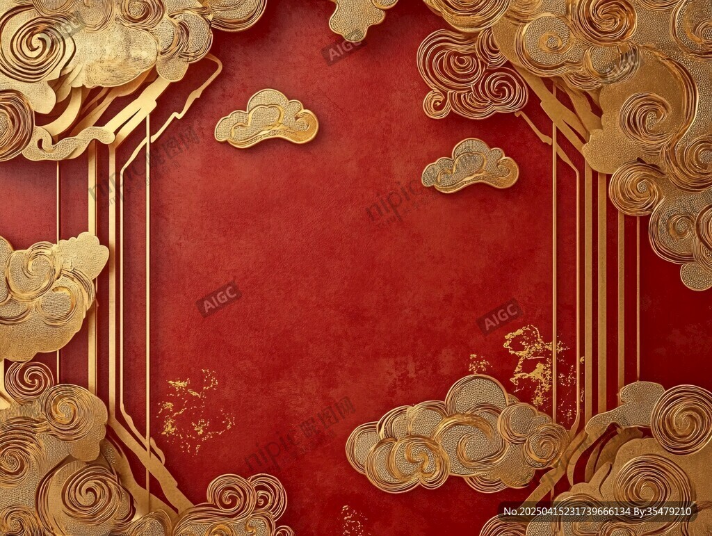 中式紅金祥云背景裝飾圖