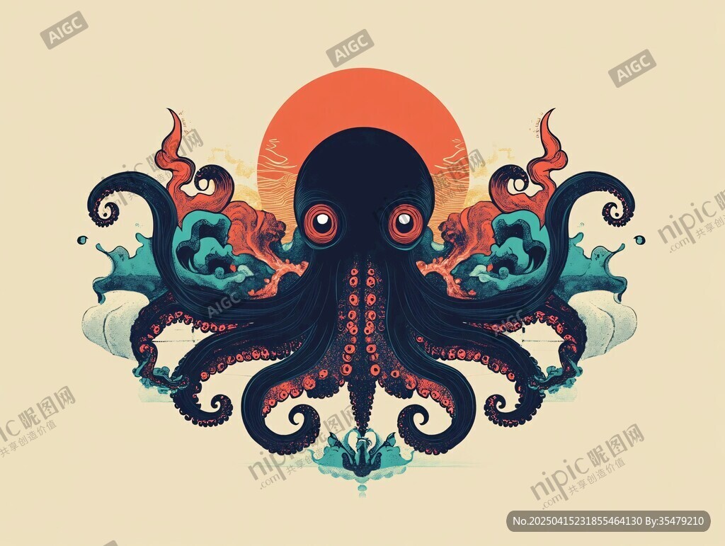 神秘章魚在夕陽海浪間