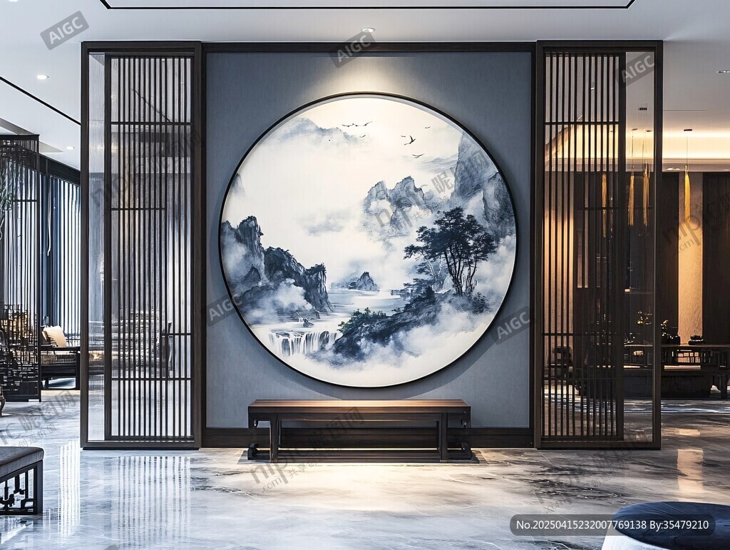 中式客廳的山水圓形壁畫