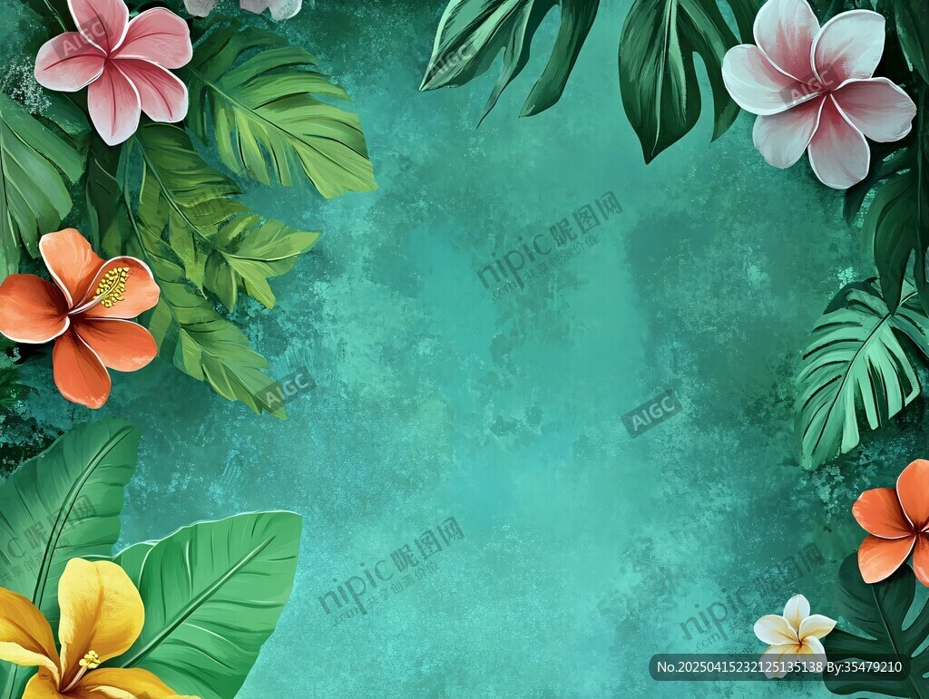 熱帶花卉綠葉背景圖