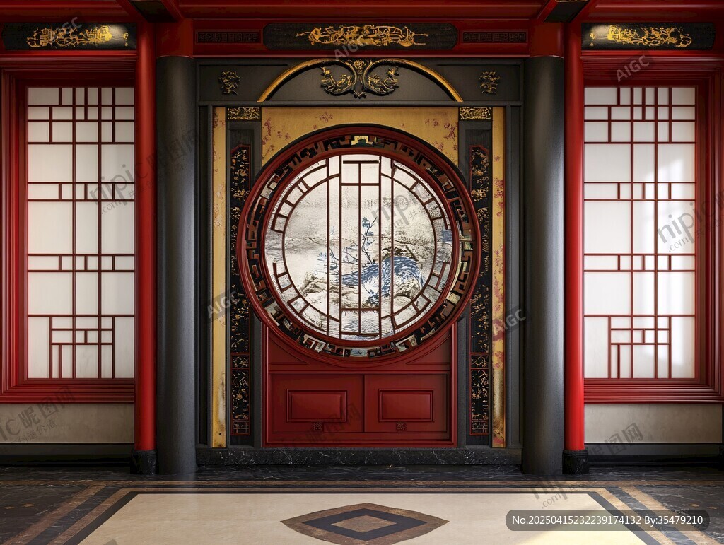 中式古典紅漆雕花門景